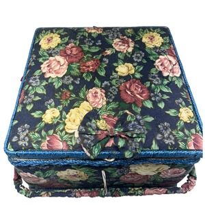 Vintage Floral Sewing Basket with Handle Red Lace Interior and Sewing Notions